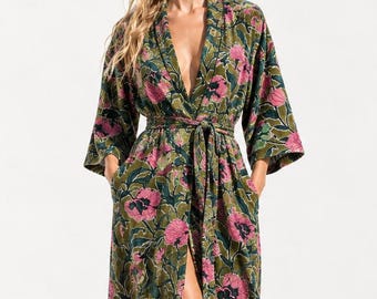 Kimono rosa de terciopelo con estampado floral, bata hecha a mano, kimono reversible de algodón, batas bohemias para mujer, chaqueta larga tipo gabardina, ropa de estar por casa, regalo de lujo, ropa de resort.