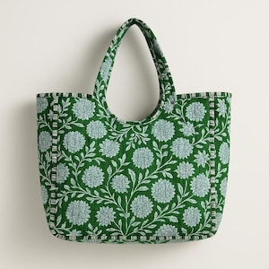 Green Hand Block Print Cotton Shoulder Bag\ Pocket Inside\ Eco-Friendly Stylish Bag\ Reversible Quilted Tote For Everyday Use\ Made In India