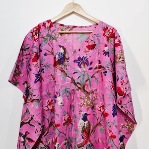 Pink Floral Bird Print Cotton Caftan – Hand Block Bohemian Resort Wear Dress