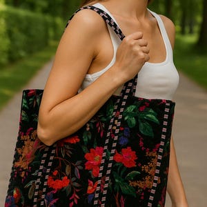 Puede incluir: Bolso tote negro con un vibrante estampado floral en rojo, verde y azul. El bolso tiene una textura acolchada y correas a rayas. El bolso lo lleva una persona con una camiseta sin mangas blanca.