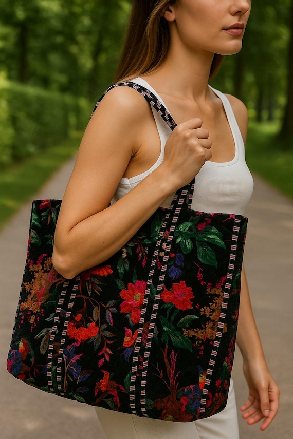 Velvet Floral Print Tote Bag - Handmade Boho Quilted Cotton