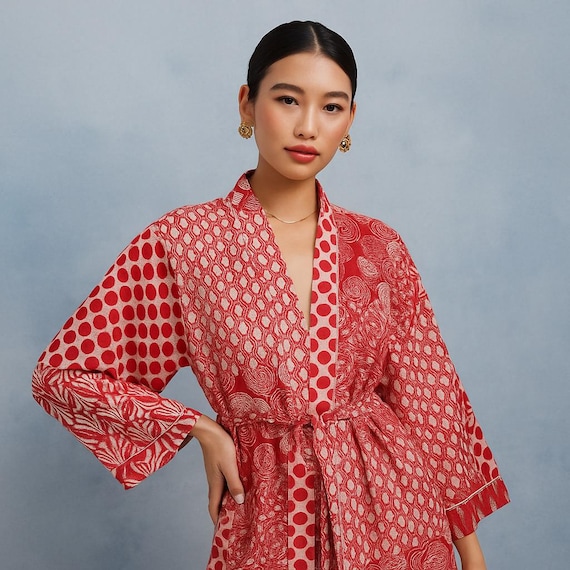 Kimono vermelho patchwork, quimono de algodão puro, estampa floral