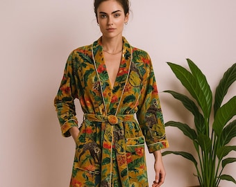 Handmade Floral Velvet Kimono Robe: Boho Jacket, Winter Coat