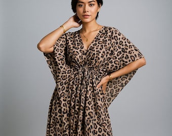 Leopard Print Cotton Kaftan Dress, Boho Maxi Style