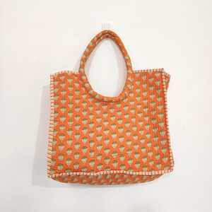 Reversible Orange Cotton Tote Bag/ Quilted Indian Hand Block Print Sustainable Travel Shoulder Bag With Inner Pocket/ Handmade Gift For Her.
