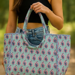 Reversible Artisan Cotton Tote Bag | Quilted Everyday | Floral Block Print | Lightweight Shoulder Bag | Eco-Friendly Stylish Bag