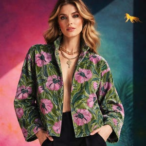 Handmade Velvet Floral Jacket: Green Artisan Winter Overcoat