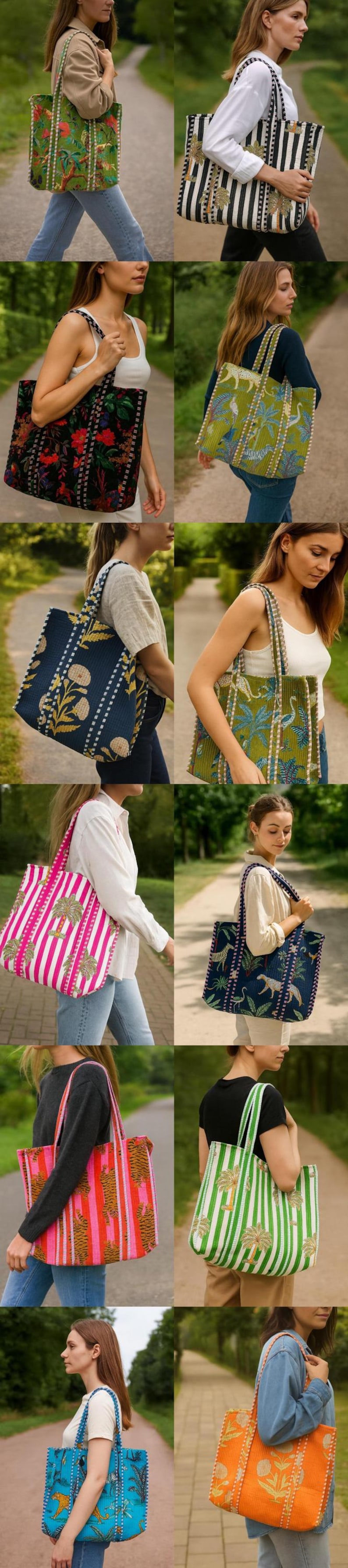 Puede incluir: Una colecci&oacute;n de bolsos tote con varios estampados, incluyendo florales, a rayas y de animales. Los bolsos son llevados por una persona caminando por un camino. Los bolsos tienen forma rectangular y asas largas.