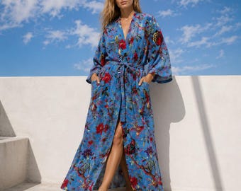 Blue Floral Print Velvet Kimono Robe Long Dressing Gown Reversible Winter Wear Jacket Layering Overcoat Christmas Gift Luxury Loungewear