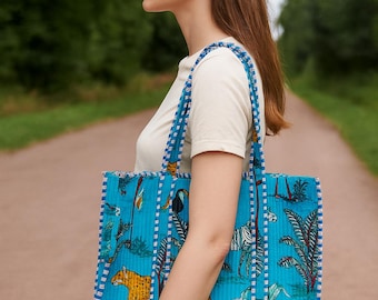 Quilted Cotton Velvet Tote Bag – Handmade Animal Print Market Bag