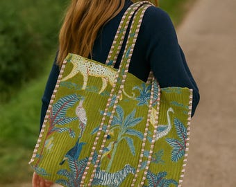 Bolso tote de terciopelo con estampado de jungla verde, bolso bohemio acolchado hecho a mano