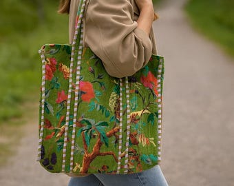 Green Floral Quilted Velvet Tote Bag, Boho Market Bag