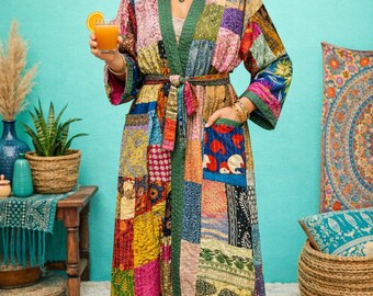 Chaqueta kimono Kantha de patchwork vibrante: bata india bohemia de seda y algodón