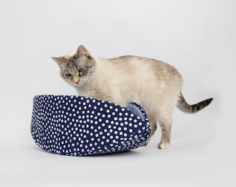 Cat Canoe In Indigo Blue and White Polka Dots Cotton Fabric  | A Taco-Shaped Modern Pet Bed