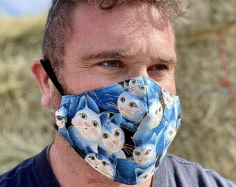 Blue Cat Fabric Reversible Face Mask with Adjustable Head Band or Ear Loop - Medium - Gift for Cat Lover