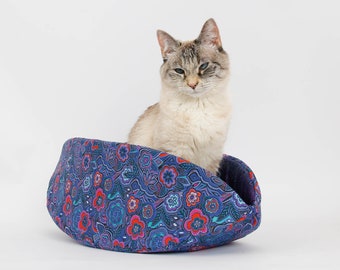 Cat Canoe in Bright Blue and Jewel Tone Flowers - A Taco Shaped Pet Bed