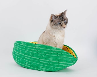 Green and Yellow Watermelon Cat Canoe - Banana Shaped Pet Bed that Looks Like Fruit