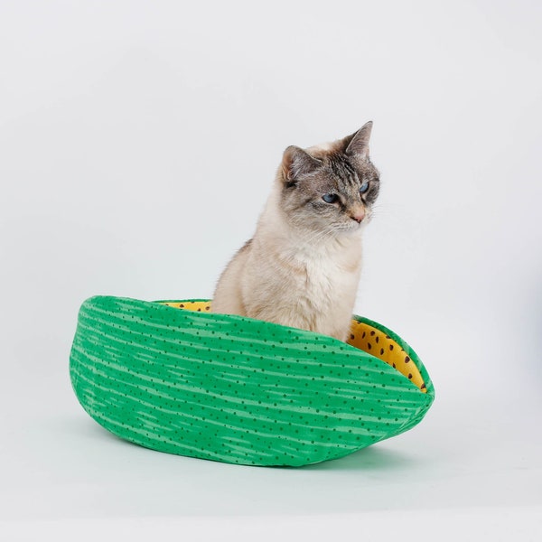 Green and Yellow Watermelon Cat Canoe - Banana Shaped Pet Bed that Looks Like Fruit