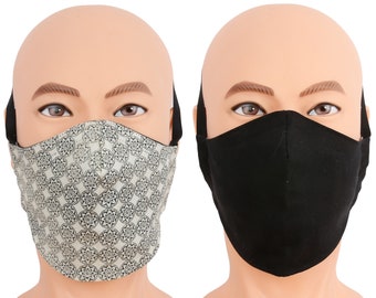 Large Face Mask for Big Heads - Adjustable Headband is Great for Hearing Aids or Glasses, Black White Geo Reversible Fabric
