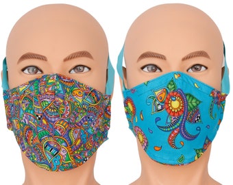 Reversible Face Mask with Ear Loop or Comfortable Head Band Option in Turquoise Rainbow Paisley - Size Medium For Teens and Women