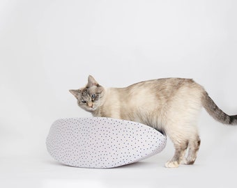 The Cat Canoe In White and Indigo Blue Heart Cotton Fabric  - A Taco Shaped Modern Pet Bed