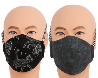 Black Cats Face Mask - Reversible Three Layer with Adjustable Head Band or Ear Loop Option