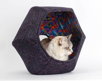 Cat Ball Bed - Covered Pod Cave Pet Bed With Two Openings - Purple and Jewel Tone Horse Fabric