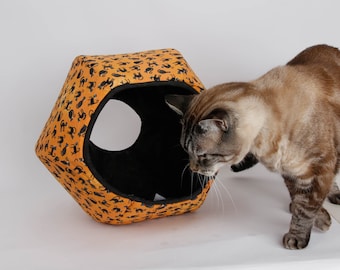 Cat Ball Bed - Covered Pod Cave Pet Bed With Two Openings - Black and Orange Cats