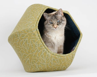 Cat Ball Cave For Cats - Abstract Green Sticks Fabric With Navy Lining