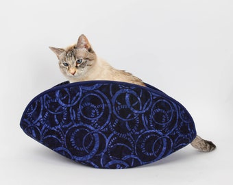 Jumbo Cat Canoe Bed For Big Cats - Blue and Navy Batik Cotton Fabric