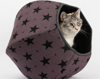 Cat Ball Bed - Cave Pet Bed With Two Openings - Purple and Black Folk Stars With Woodgrain