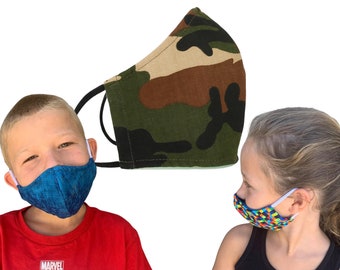 Camo Fabric Face Mask for Children - Three Layer with Stretchy Knit Fabric Ear Loops