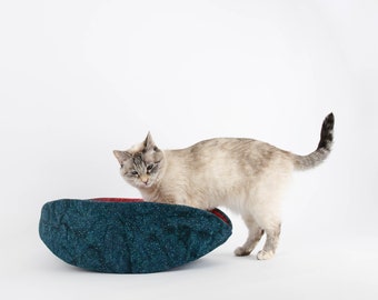 The Cat Canoe in Teal Batik with Cranberry Color Lining - A Taco-Shaped Modern Pet Bed