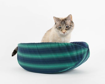 The Cat Canoe in Blue and Green Stripes - Taco-Shaped Kitty Bed