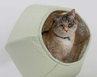 Cat Ball Bed - Cave Style Pet Bed With Two Openings - Green Origami and Cherry Blossoms