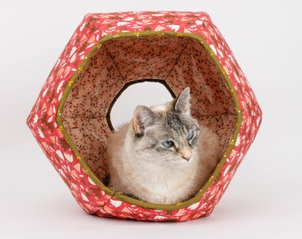 Cat Ball Bed - Covered Pod Cave Pet Bed With Two Openings - Coral Flowers