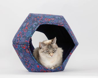 Cat Ball Bed - Covered Pod Cave Pet Bed With Two Openings - Blue and Jewel Tone Floral Fabric