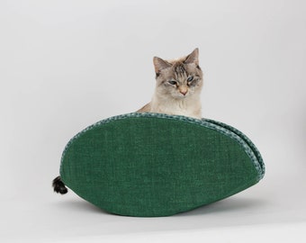 Jumbo Cat Canoe Bed For Big Cats - Forest Green Weave Fabric