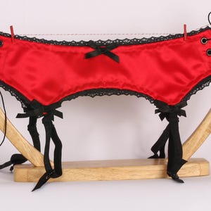 Garter Belt - Handmade Designer Lingerie in Red Satin and Black Lace With  Side Lace up Closure