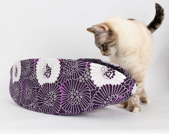 Cat Canoe in Black and Purple Flowers - A Taco Shaped Pet Bed