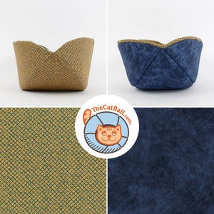 Our innovative Cat Canoe modern cat bed in a contrasting yellow and blue grid print with an unusual textured look. Our flexible beds are made with inner foam panels, are washable, and ready to ship. Fits cats to about 18 pounds, made in the USA.