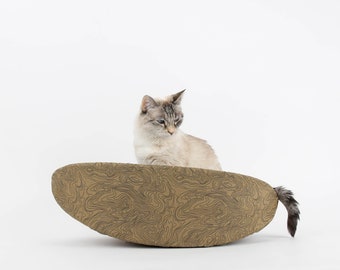 The Cat Canoe In Tan and Blue Topographical Print  - A Taco-Shaped Modern Pet Bed