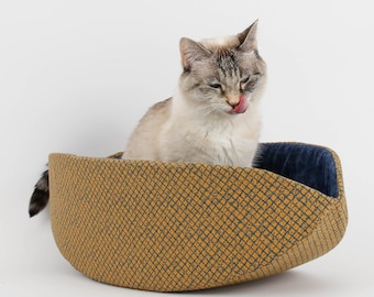 The Cat Canoe In Dark Yellow and Blue Grid Print - A Taco-Shaped Modern Pet Bed