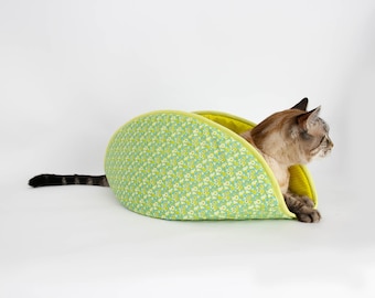 Jumbo Cat Canoe Bed For Big Cats - Bright Green and Yellow Flowers Fabric