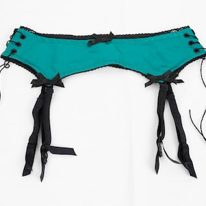 Garter Belt - Handmade Designer Lingerie in Emerald Green Satin and Black Lace With Adjustable Lace up Sides - Etsy Garter Belt - Handmade Designer Lingerie in Emerald Green Satin and Black Lace With Adjustable Lace up Sides - Etsy