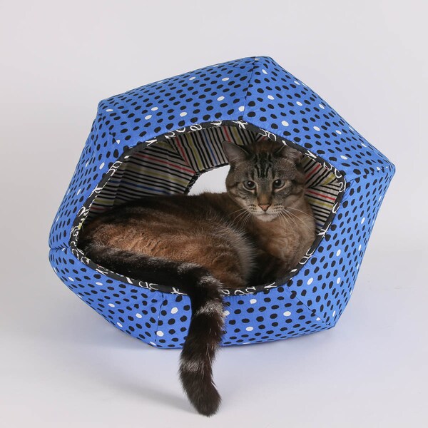 Photo Prop Sample of the Cat Ball Pet Bed in Royal Blue Black White Polka Dots