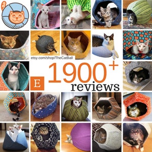 This grid photo shows the Cat Ball LLC logo, and customer photos showing their cats using the beds. We have over 1900 Etsy customer reviews for our products, which are made in the USA in the state of Washington.