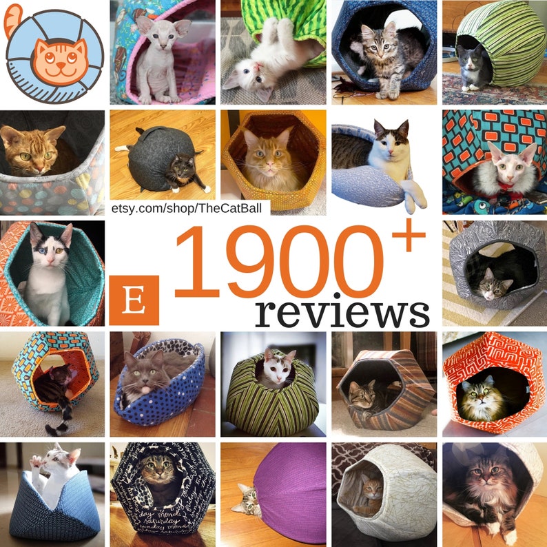 This grid photo shows the Cat Ball LLC logo, and customer photos showing their cats using the beds. We have over 1900 Etsy customer reviews for our products, which are made in the USA in the state of Washington.