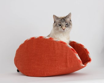 Jumbo Cat Canoe Bed For Big Cats - Southwestern Decor for Cats - Rust Orange Burlap Weave with Ikat Trim