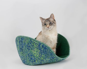 Jumbo Cat Canoe Bed For Big Cats - Green and Blue Floral Batik Cotton Fabric